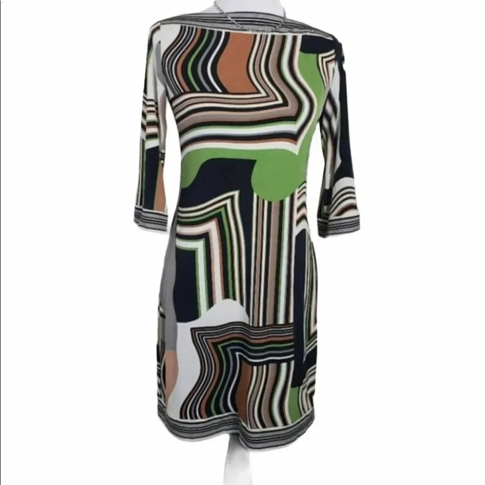 Ali Ro Sheath Dress 2 Green Brown Abstract Geometric Boat Neck 3/4 Sleeve